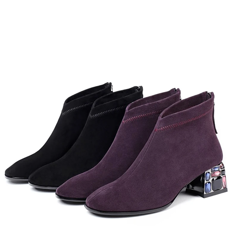 

Autumn Winter Luxury Boots Ladies Crystal High Heels Natural Leather Kid Suede Party Date Shoes Woman Short Boots 42