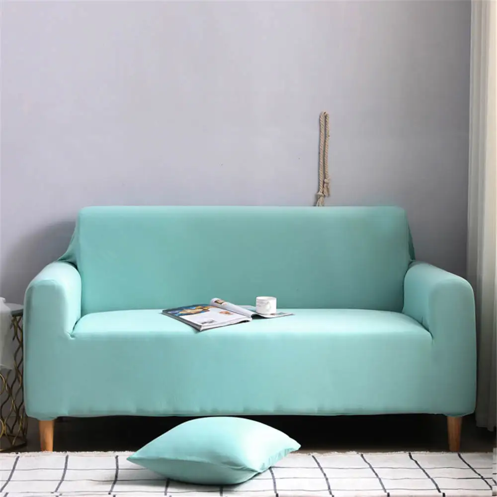 

European American Style sofa cover elastic for living room Solid Sky Blue Color corner couch cover Elegant with Sheet Pillow