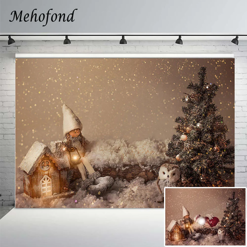 

Mehofond Winter Christmas Background For Photography Gold Bokeh Dots Snow Wooden House Tree Toy Baby Portrait Backdrop Shooting