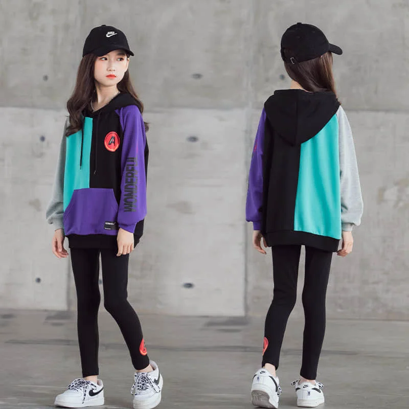 

Autumn 2020 new girls letter print set children's color matching long sleeve top loose Korean Hooded Sweater