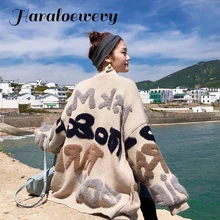 Осень, женский свитер с 3D буквенным принтом, кардиган, толстый теплый Повседневный свитер большого размера, свободный Женский вязаный свитер, зимняя одежда