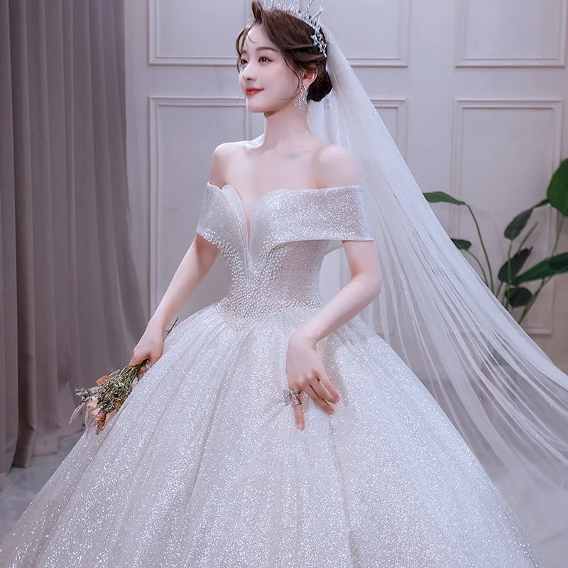 

Beauty Emily 2021 Charming Boat Neck White Wedding Dress For Women Elegant Lace Brush Train Ball Gown Vintage Vestido De Noiva