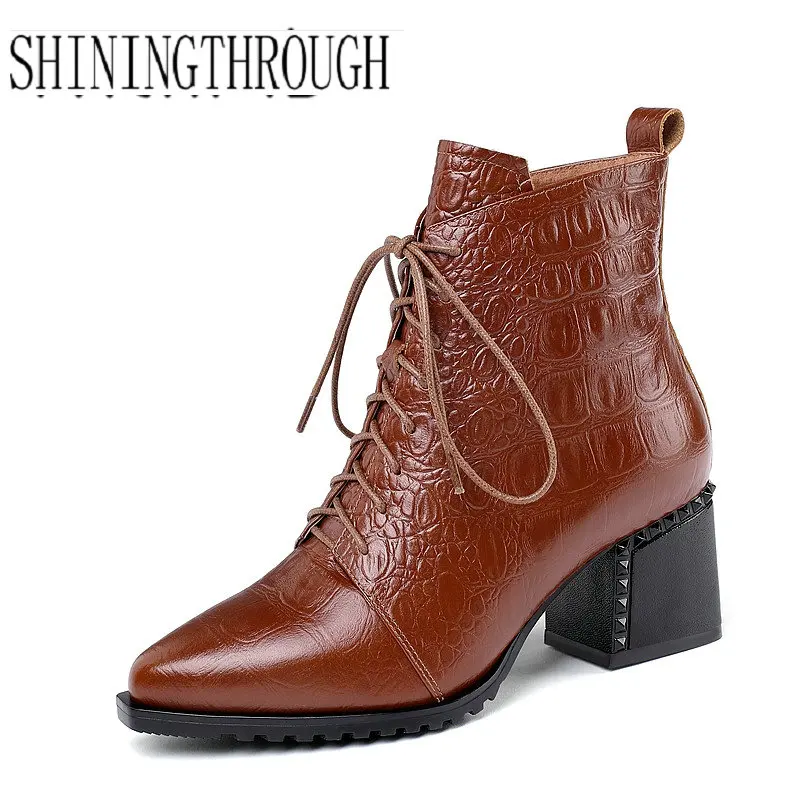 High Quality Chelsea Ankle Boots Woman Genuine Leather High Heel Booties square heel Party Wedding Shoes Woman