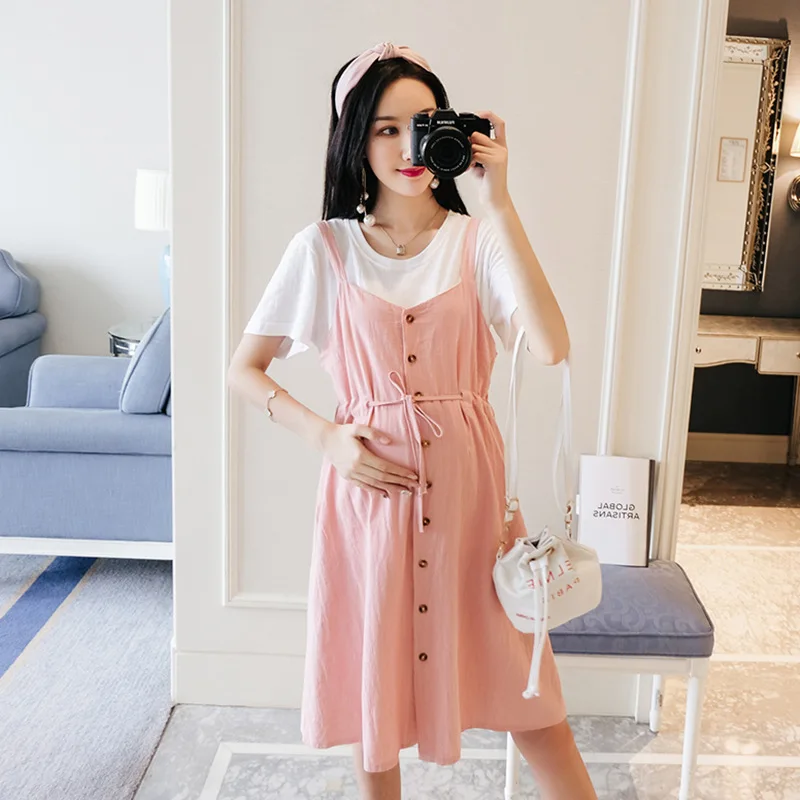 

Maternity Clothes Summer Wear Skirt-Style New Style Mid-length Tops Cotton Linen Mid-length Two-Piece Set Outer Wear Suspender S