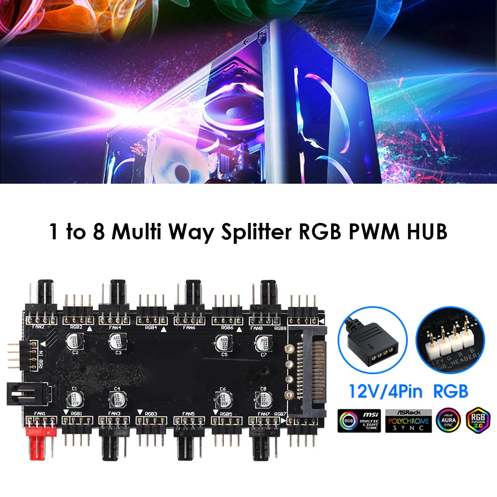 Разветвитель RGB хаб PWM 1 на 8 для охлаждения вентиляторов ПК материнской платы 12 В/4