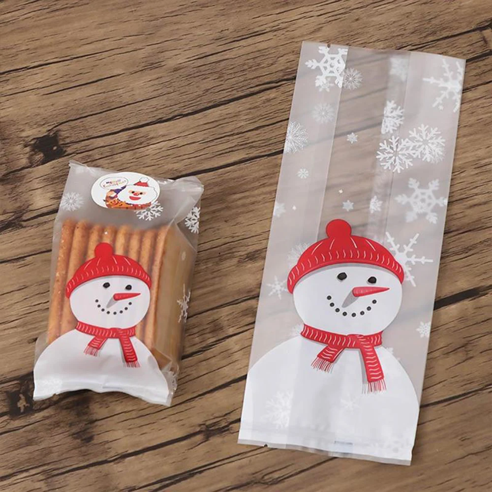 10/50Pcs Transparent Plastic Bag Christmas Bag Santa Claus Snowman Cellophane Cookie Fudge Candy Cookie Gift Bag Frosted Pouch