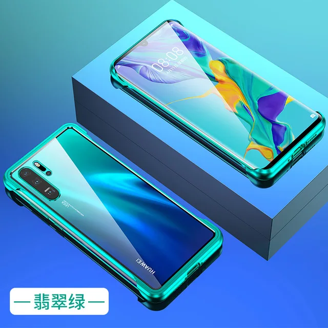 green Металлический бампер чехол для huawei P30 Pro, Магнитный чехол P30Pro с закаленным стеклом, задняя крышка для huawei P30, металлический чехол без оправы s - Цвет: green