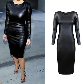 

Fashion trendy ladies faux leather long sleeves tight round neck sexy nightclub solid color knee skirt