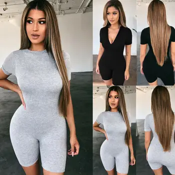 

Womens Lady Short Sleeve Bodycon Bodysuit Stretch V Neck Leotard Jumpsuit Romper