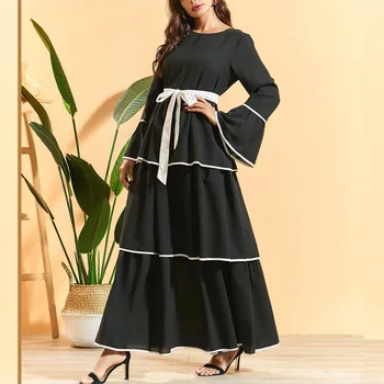 

[EWQ] 2020 Spring Summer New Arrivals O-neck High Waist Flare Sleeve Sashes Solid Pattern Women Fashion Loose Casual Dress AW703