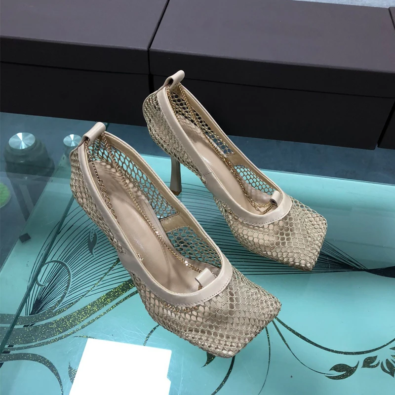 

Brand Fashion High Quality Summer Mules Shoes Women Sexy Hollow Mesh Square Toe Shoes For Women High Heels Summer Party Pumps