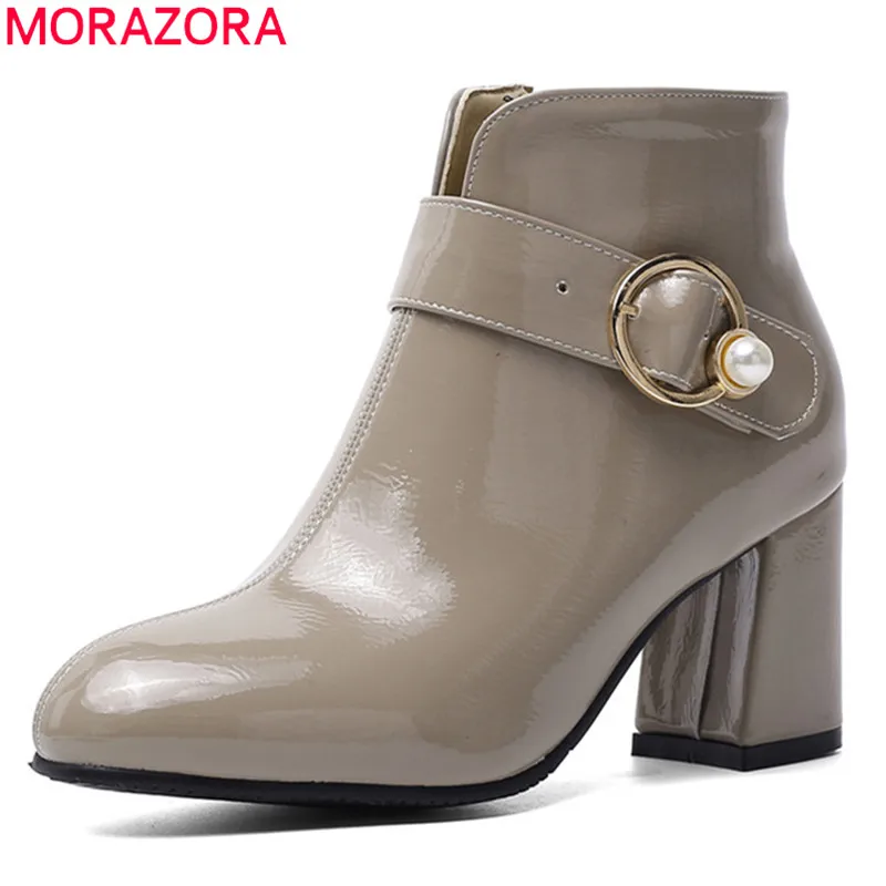 

MORAZORA 2020 big size 46 women ankle boots round toe zip autumn winter high heels boots pearl dress party shoes ladies