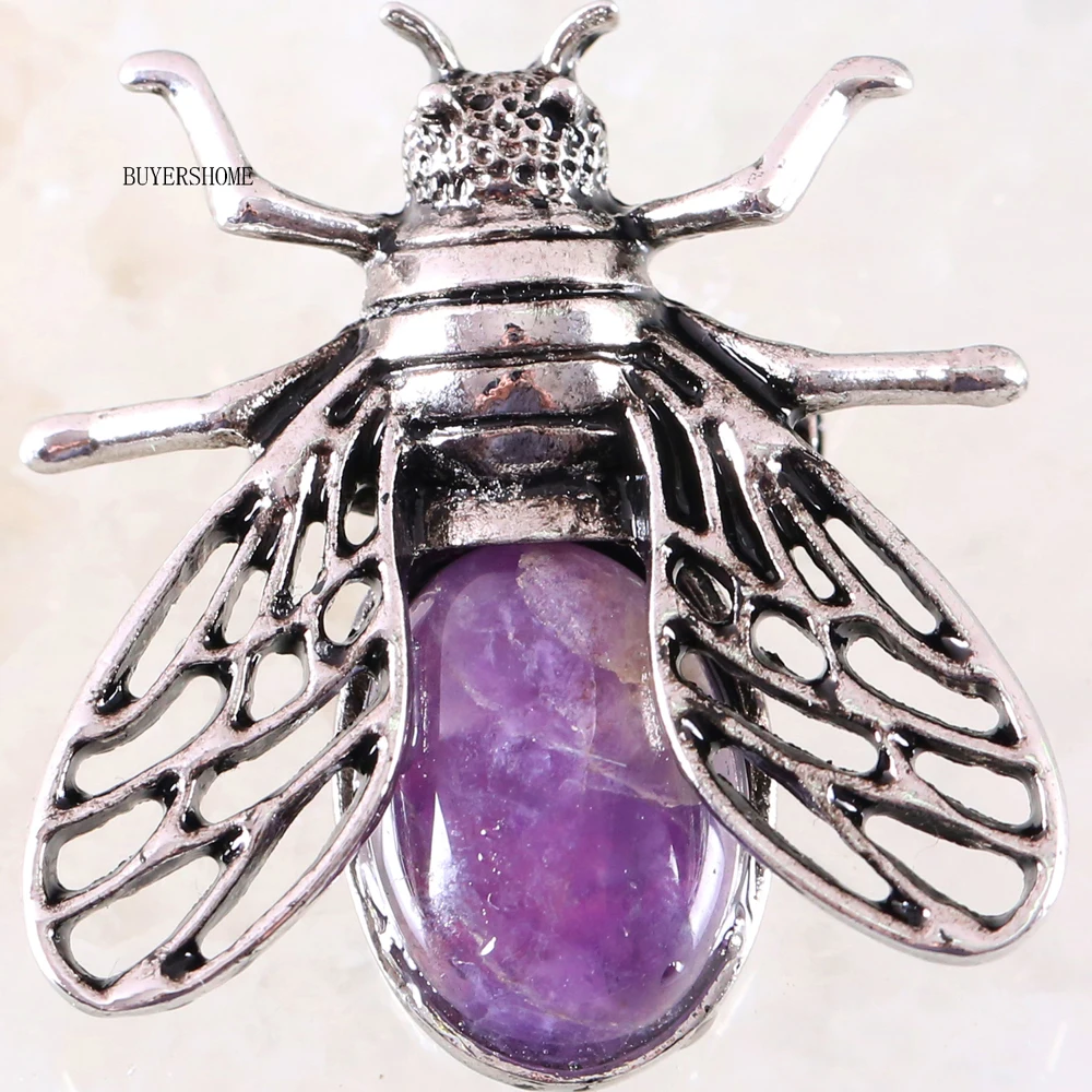 1Pcs Silver Cicada Brooch Natural Stone Pendant Howlite Rhodonite Carnelian Onyx Bead for Men Women DIY Jewelry Making - Окраска металла: Amethyst