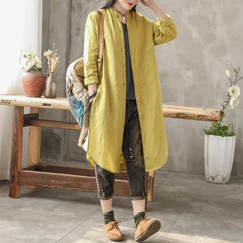 

Cotton Linen Women Long Shirt Plus Size Tunic Spring Autumn Casual Stand Collar Long Sleeve Blouse Solid Anomalistic Hem Blouses