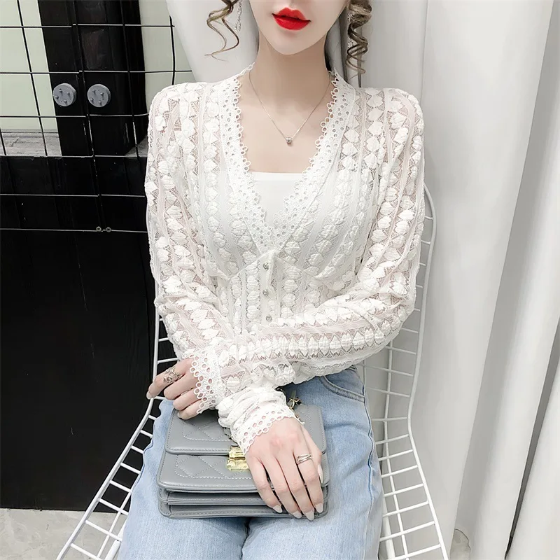 Classic Crop Floral Tops Blouse Long Puff Sleeve Women Lace Slim Shirt Casual Ladies Korean Fashion Office Work Stretchy Blouse belle poque fashion women s wide belt faux leather stretchy elastic solid casual waist belts waistband for ladies dress fashion