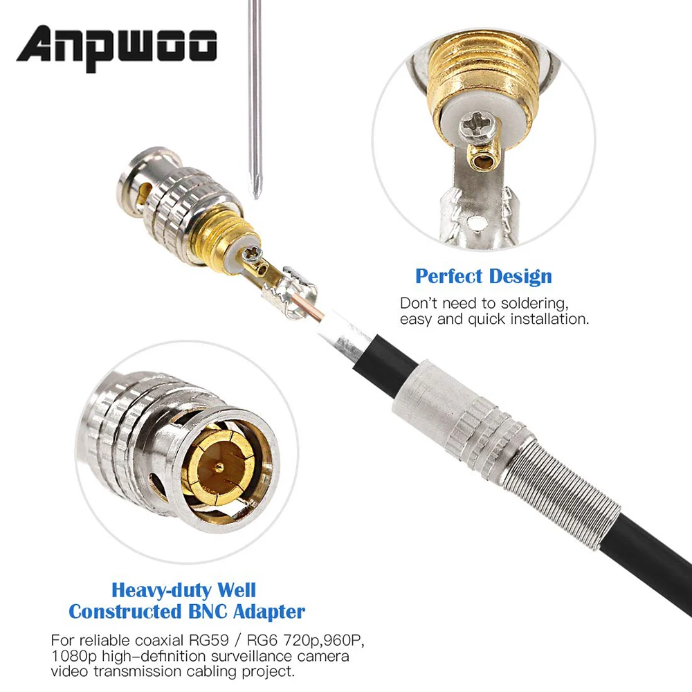 ANPWOO-conector BNC JR-B25 macho sin soldadura para sistema de cámaras de seguridad cctv, 10 Uds.