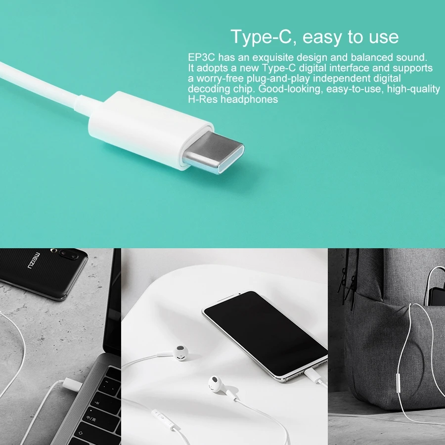 MEIZU EP3C USB C Type C Jack In ear Wired Control Earphone Support Calls Cable Length 1 2m White 