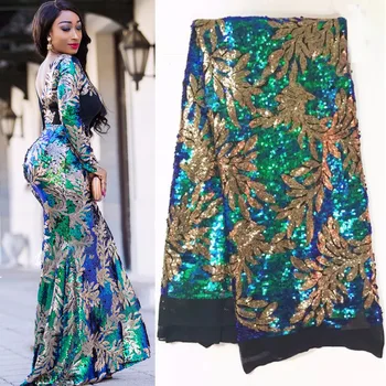 

Colorful leaves sequins mesh embroidered African Lace Fabric DIY Sewing Materials High quality French Sequin Tulle Lace Fabric