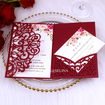 

50pcs Elegant Burgundy Spring Flower Laser Cut Wedding Invitations Hollow Personalized Print Anniversary Invites with RSVP Cards
