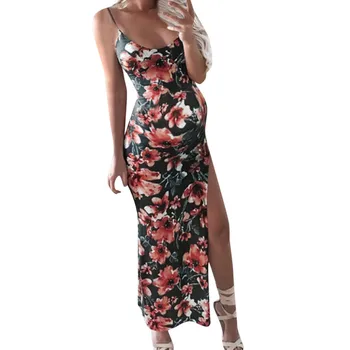 

Fashion Women's maternity dresses Polyester O-neck Sleeveless Sling Pregnant Floral Print Beach Fork Opening Free shipping H4