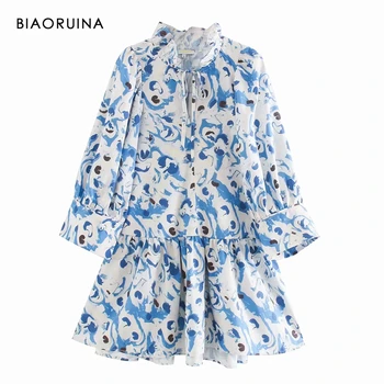 

BIAORUINA Women's Printed Beach Style Drawstring V-neck Summer Casual Dress Long Sleeve Female Fashion Holiday Dress Vestido