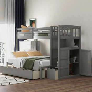 

Bunk Beds Twin Over Full Twin Bed Frame Convertible Bottom Bed with Storage Shelves&Drawers for Bedroom Guestroom White/Gray