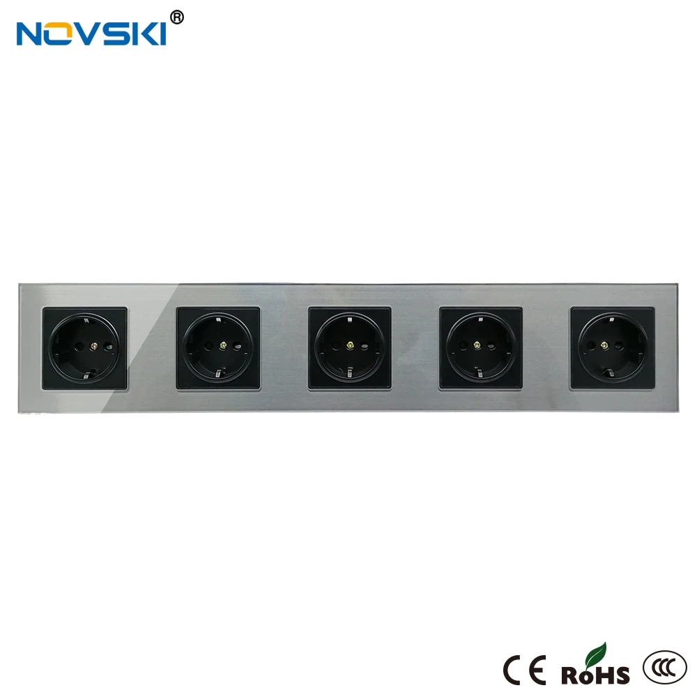 Gun Black Glass Panel Power Socket Quintuple Outlet German Plug Grounded, 16A EU Standard Electrical Socket, 15 Years Warranty