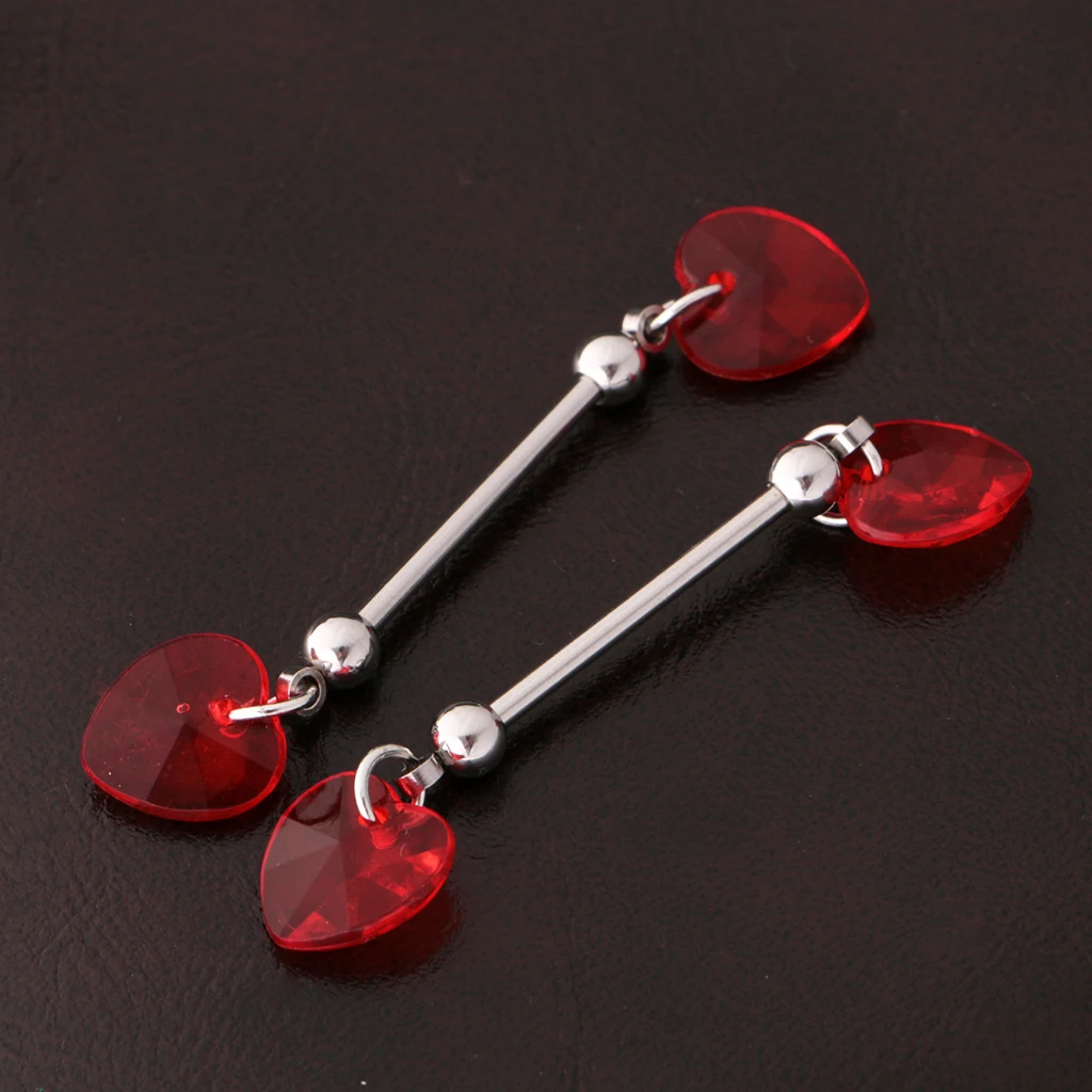 2Pcs Women Stainless Steel Red Heart Shield Nipple Bar Barbell Body Piercing