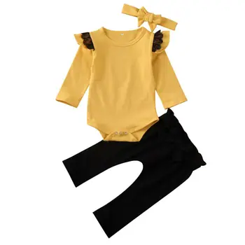 

0-24M Newborn Baby Girls 3pcs Clothes Set Plain Yellow Jumpsuit Romper Bodysuit Tops+Bow Pants Headband Baby Girls Outfit