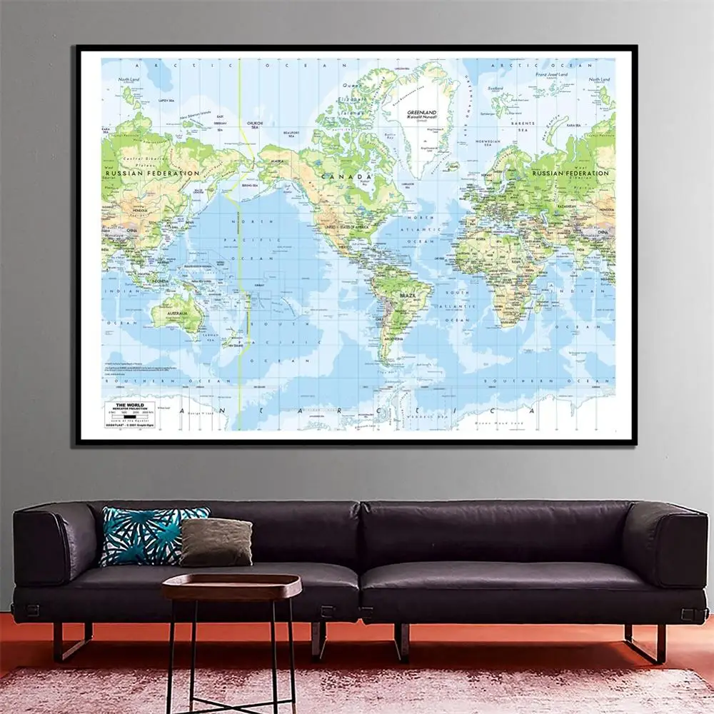 Проекция Mercator издание 2001 HD карта мира на холсте 60x90 см для дома и офиса Настенный