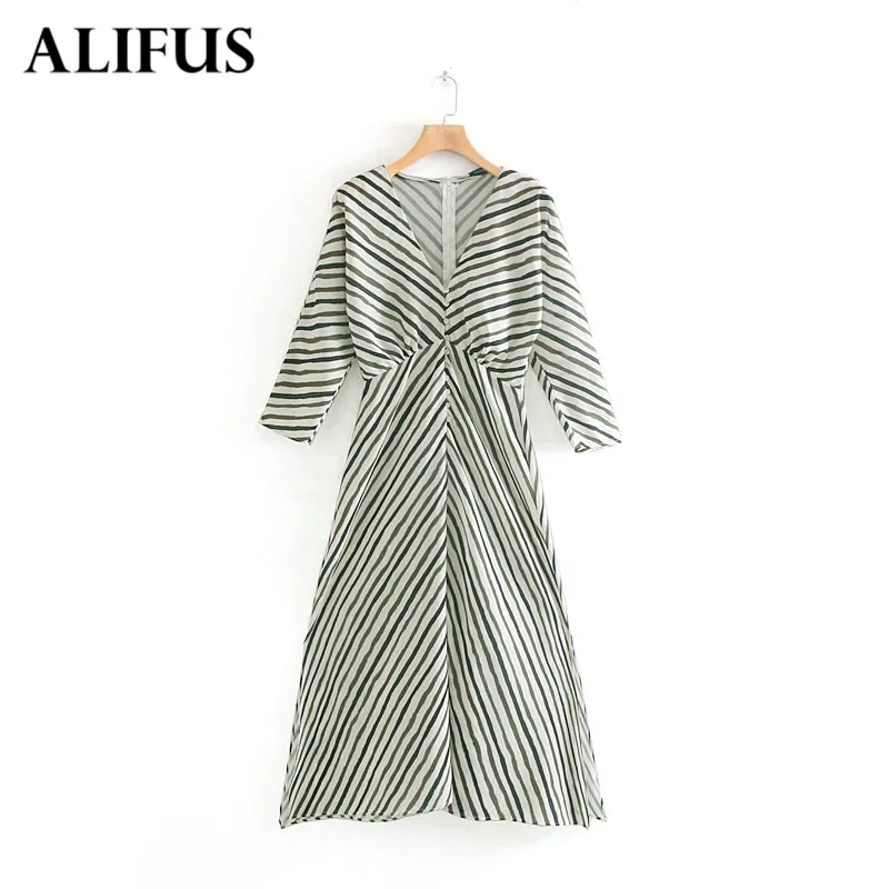 

Fashion Za Women Striped Pattern Dress Three Quarter Sleeve Waist Dresses Deep V Neck Vintage Midi Long Female Chic Vestidos