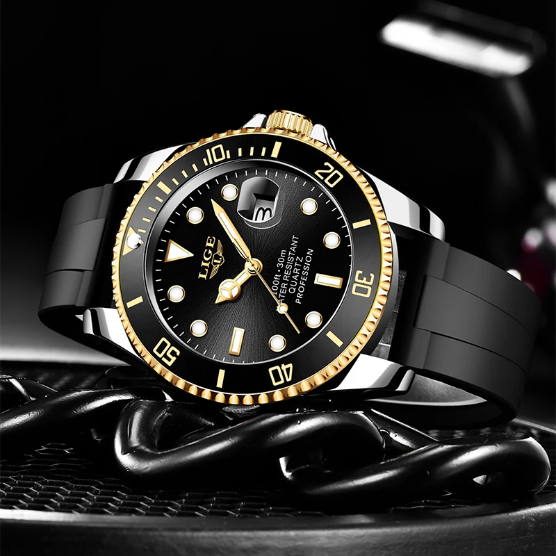 LIGE Mens Watches Business 24 Hour Date Waterproof Watches Fashion