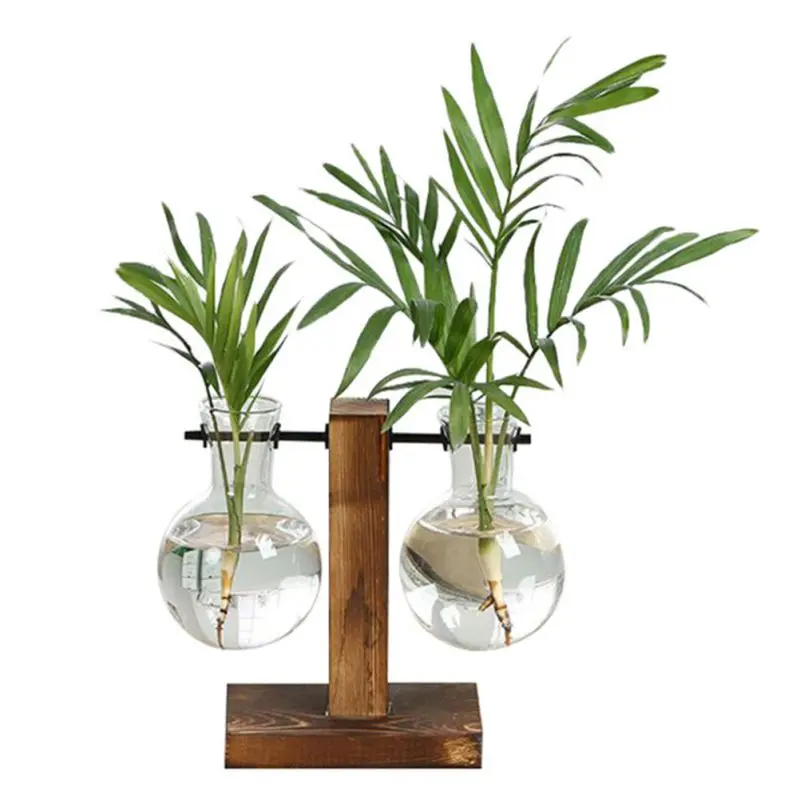 Стеклянная и деревянная ваза для растений настольная гидропоника горшок для дерева бонсай подвесные горшки с деревянным лотком домашний декор - Color: B