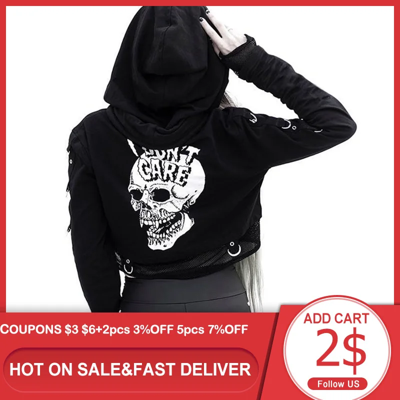 

Gothic Punk Style Shantou Locomotive Mesh Printing Hooded Sweatshirt Preppy Style Women Hip Hop Short Long Sleeve Sweatshirt