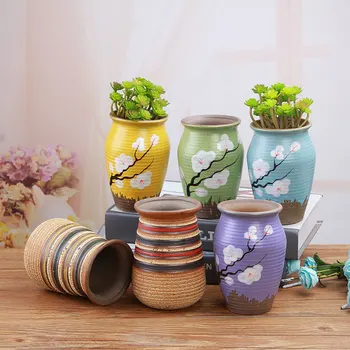 

Creative Ceramic Flower Pot Stoneware Old Pile Simple Handmade Succulent Pot Breathable Desktop Tall Colorful Potted Plant
