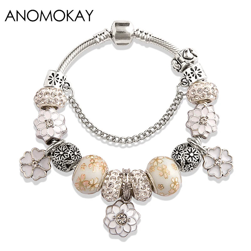 White Bead Bracelet Европейский модный браслет с белыми листьями и растениями, белый кристалл, сделай сам, браслеты из бисера и браслеты, ювелирные изделия для женщин, подарок - Окраска металла: White Bead Bracelet