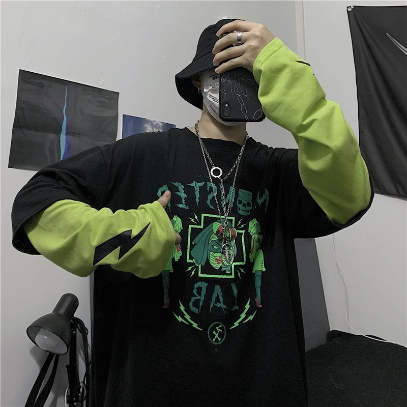 Woherb Harajuku футболка для женщин и мужчин поддельные 2 шт. мультфильм Письмо печати с длинным рукавом рубашка мода уличная Vete мужчины t Femme