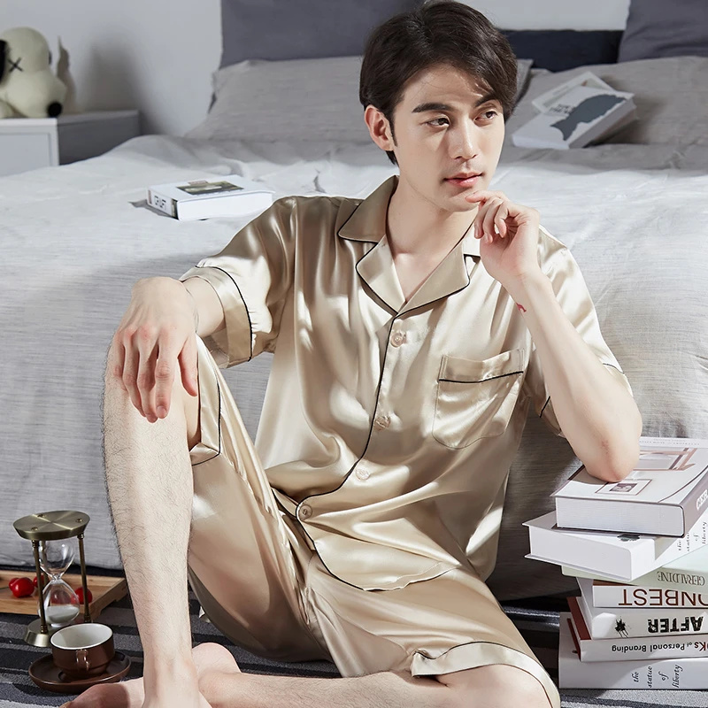 100% Real Silk Pijama for Men Dormir Lounge Sleepwear Pyjamas Short Bedroom Home Clothes Man's Pure Silk Pajamas Bedgown Sets PJ mens cotton pajama sets