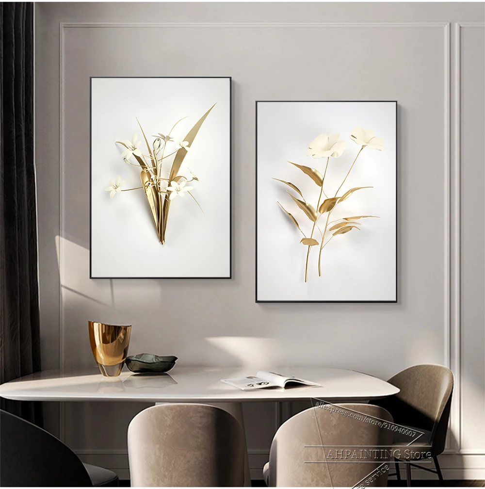 Golden plant leaves and flowers Wall art canvas painting Wall Pictures for Living Room Nordic Decoration Pictures morden decor