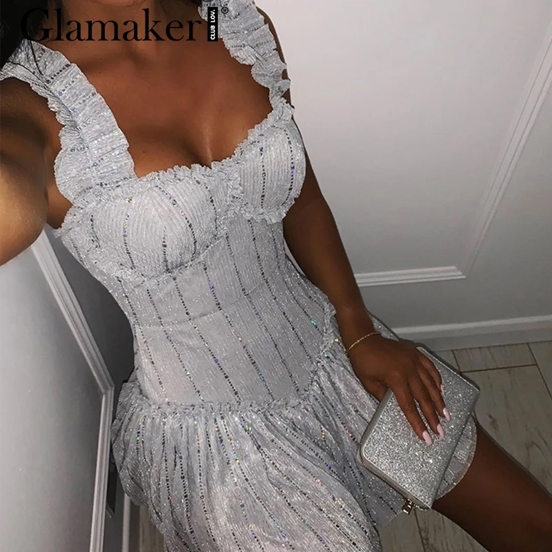 Glamaker серебряное блестящее вечернее Золотое платье сексуальное без спинки