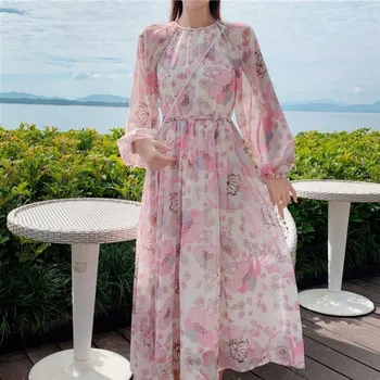 

New arrival spring Floral print Elegant vintage women dress Special Occasion Casual Chiffon Female luxury long dresses Vestidos