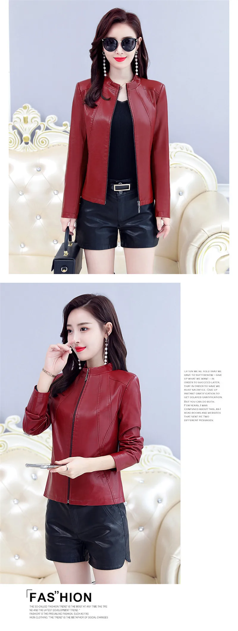 Plus Size Women's Washed PU Leather Jacket Short Full Sleeve Standing Collar Zipper Motorcycle Coat Lady Basic Jacket W1126