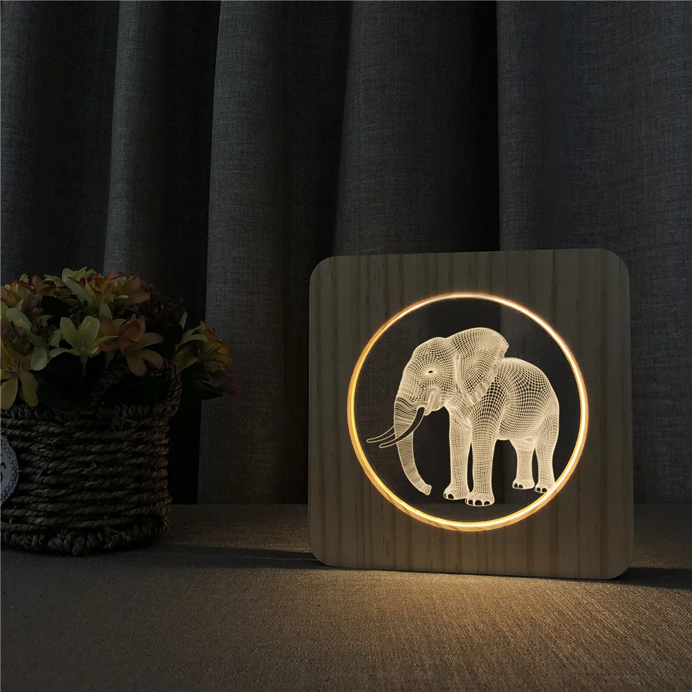 Elephant 3D LED Light Arylic Wooden Night Lamp Table Switch Control Carving for Children's Room Decorate Dropship | Освещение