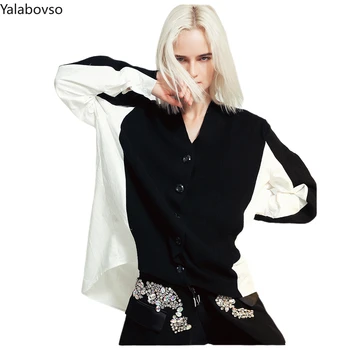 

2020 Spring cotton kintted patchwork loose shirts for women V neck Long sleeve blouse women Spliced women shirts blouses Z3