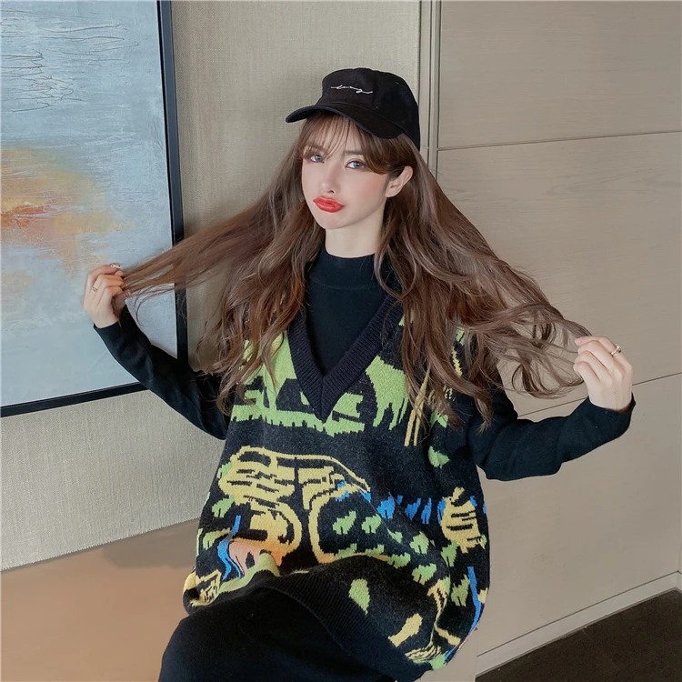 

Sweater Vests Women Geometric V-neck All-match Retro Classic Casual Oversize Stylish Korean Harajuku Womens Vest Streetwear Chic