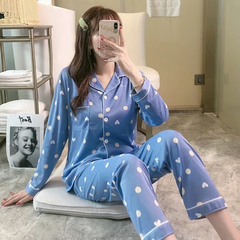 

XIZOU Two-piece 2020 New Cotton Pajamas Sets Ladies Autumn Comfortable Pijama Suit Print Homewear Casual Cardigan Sleepwear Set