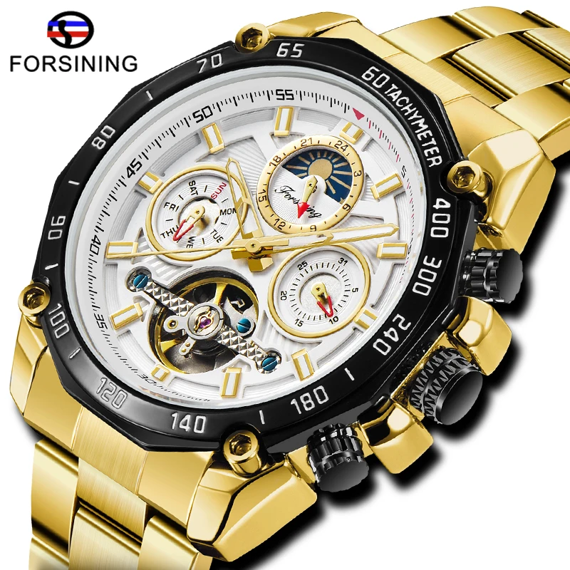 

FORSINING Golden Men Automatic Mechanical Tourbillon Watch Moon Phase Date Sport Stainless Steel Waterproof Clock Montre Homme