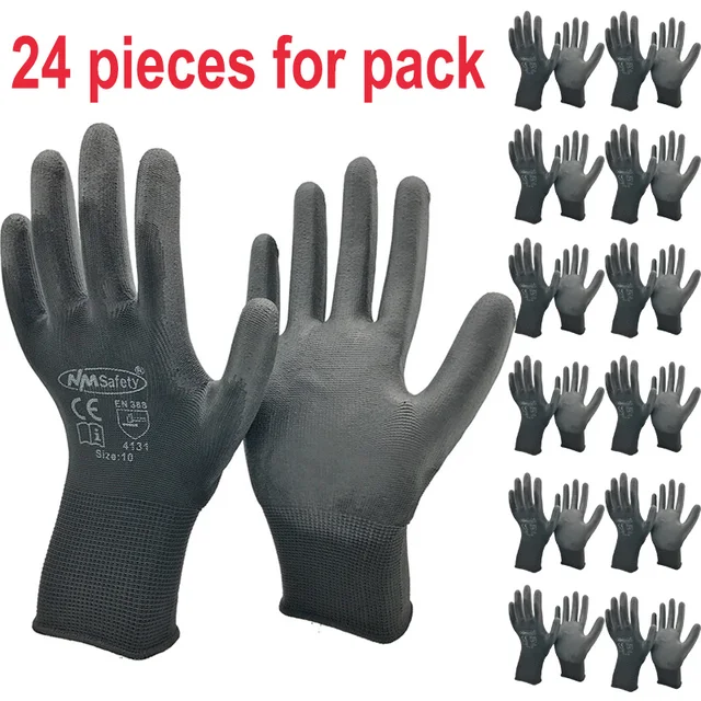 24Pieces/12 Pairs Safety Working Gloves Black Pu Nylon Cotton Glove Industrial Protective Work Gloves NMSafety Brand Supplier PU1350BLK-12pairs