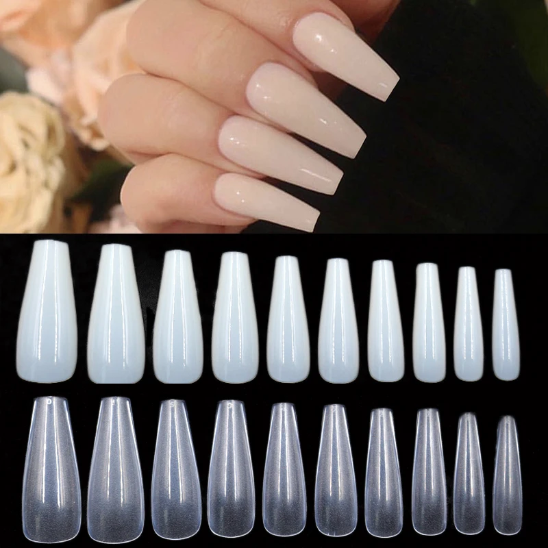 

500Pcs/Bag Artificial Full Cover Nail Tips Natural/Clear Color Nude Acrylic Long Ballerina Type Square False Art Nails Tips