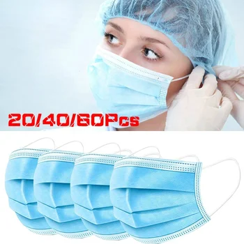 

20/40/60Pcs 3-Ply Disposable Face Mask, Dust Mask Flu Face Masks with Elastic Ear Loop for All People Healthy Care